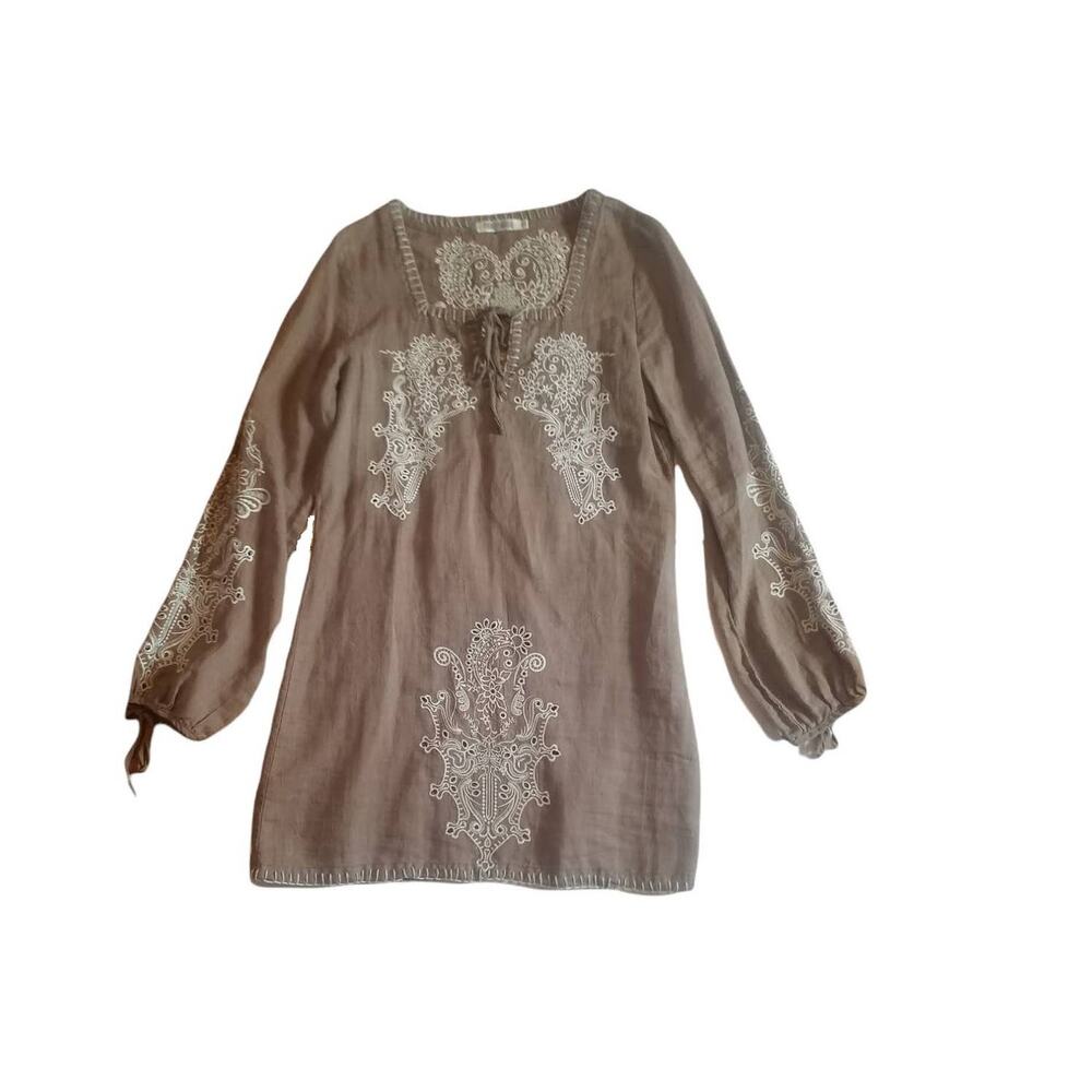 Monoreno Dress Brown Dress 100% Linen Embroidered Long Sleeve Sz Small Boho